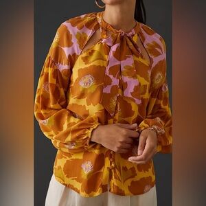 Anthropologie Gold Long Sleeve Tie Front Blouse